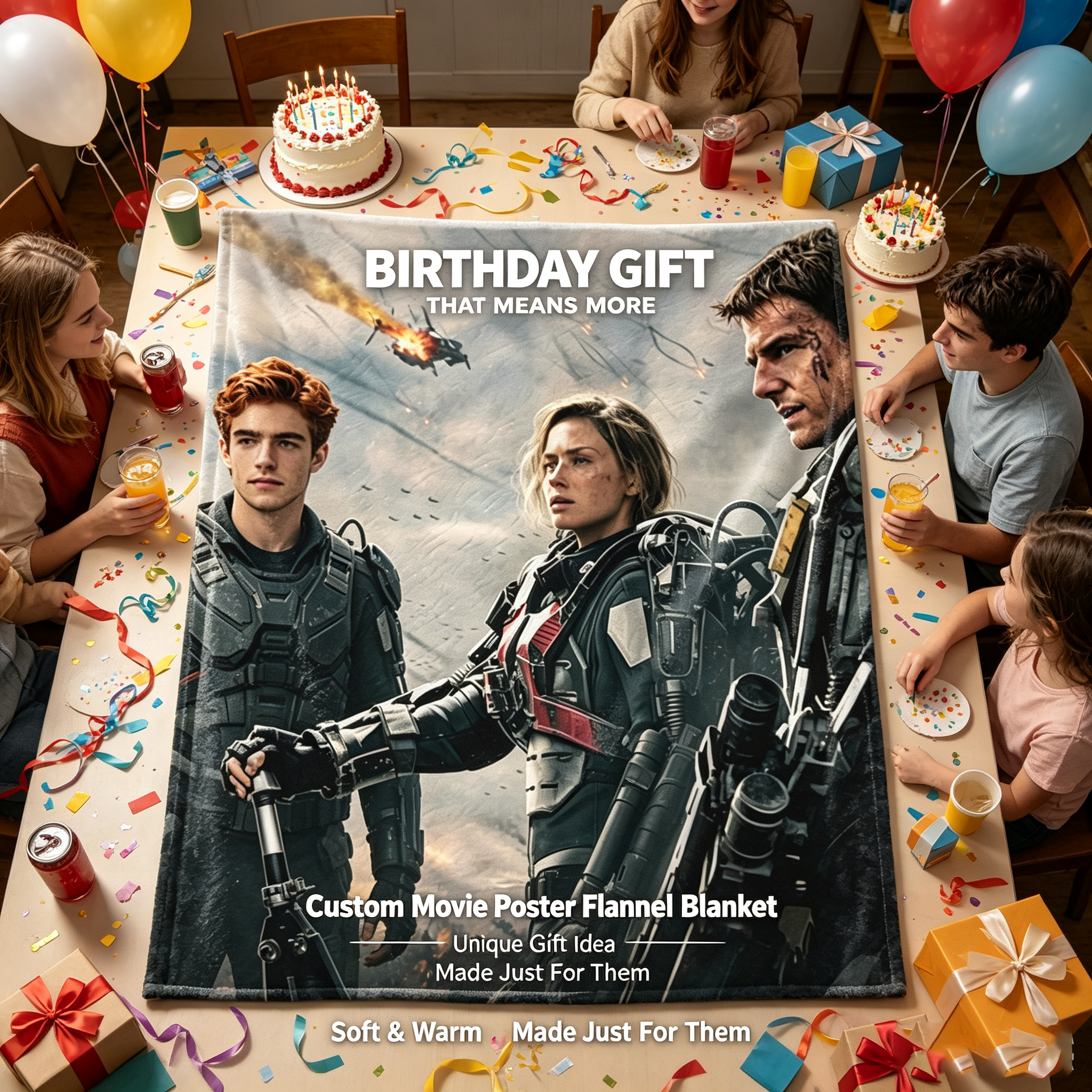 Custom Face Blanket - Sci-Fi Warrior Squad Movie Characters Flannel Blanket for Couch, Bed, or Travel - Perfect Gift for Fans of Action Movies and Military Themes