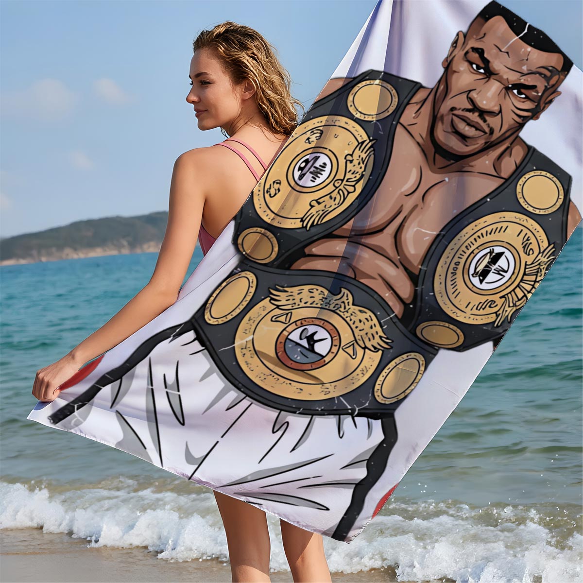 Mike Tyson in Boxing Glory with Championship Belts - Beach towels