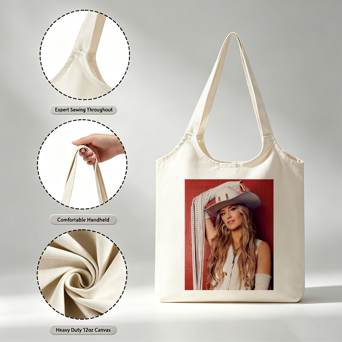 Lindsay Ell in a Cowboy Hat and Western Outfit Against a Red Background - Canvas shoulder bags/