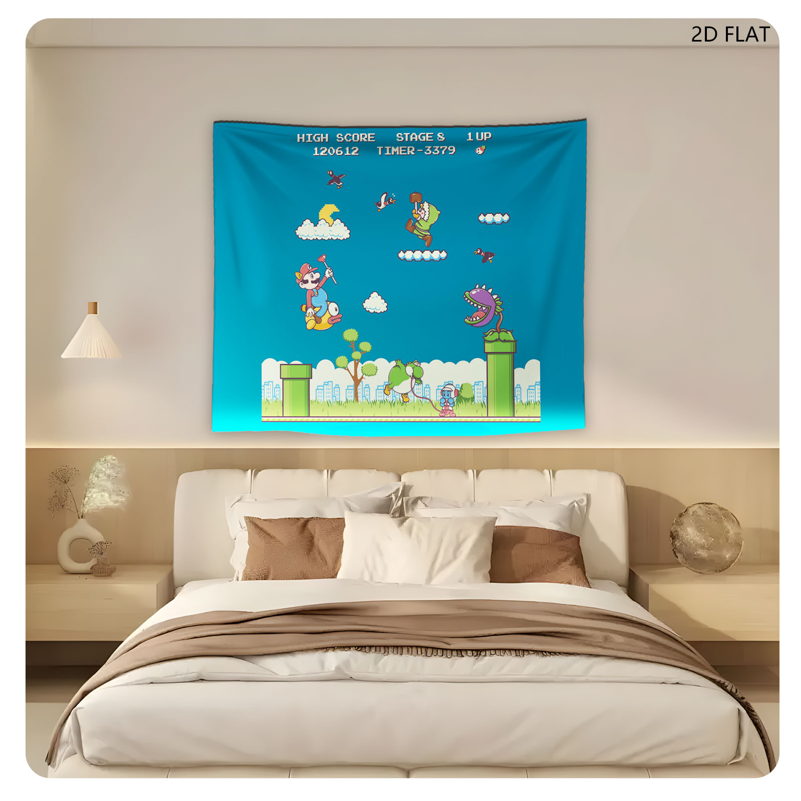 Mario, Yoshi, and Koopa in a vibrant platformer scene with high score and stage details - Tapestry