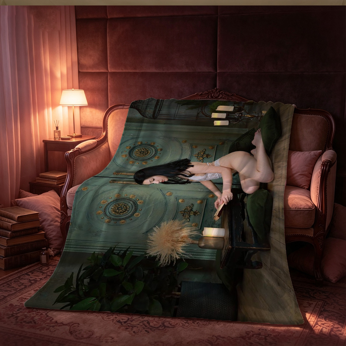 Pearl Thong Beauty on Orange Couch - Blanket