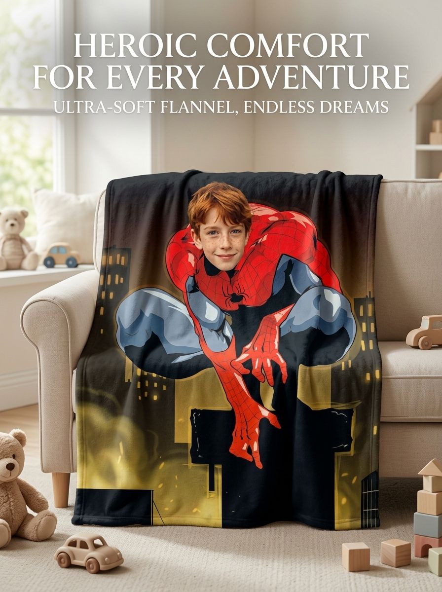 Custom Photo Superhero Flannel Fleece Blanket Personalized Face Plush Throw Gift for Kids and Fans