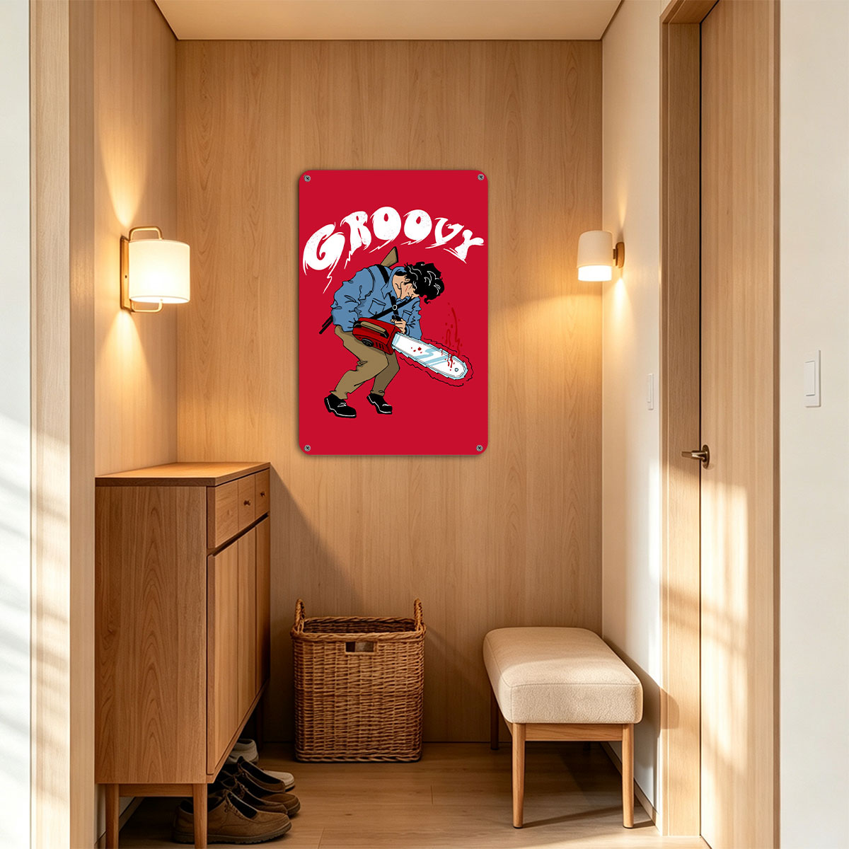 Groovy Chainsaw Man with Red Background - painting