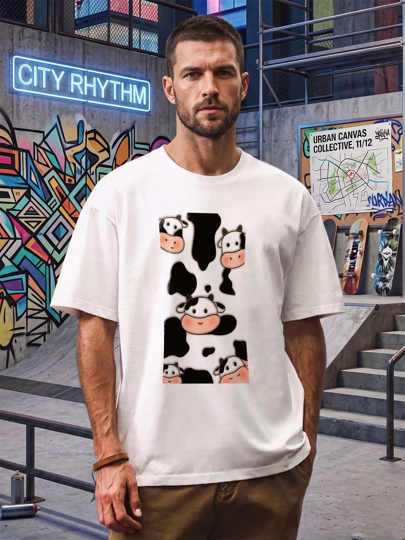 Men's Printed T-Shirt with Cute Cow Pattern and Black White Spots, Casual Round Neck Summer Lightweight Breathable Short Sleeve T-Shirt for Everyday Wear, Farm Theme Outfit for Adults and Teens