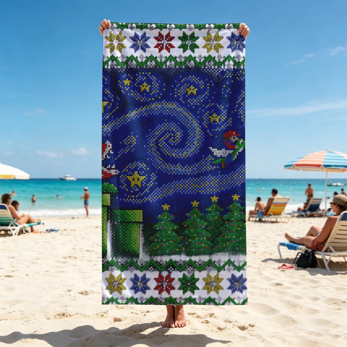 Mario and Yoshi in Starry Night with Bowser and Pipe Scene - Beach towels