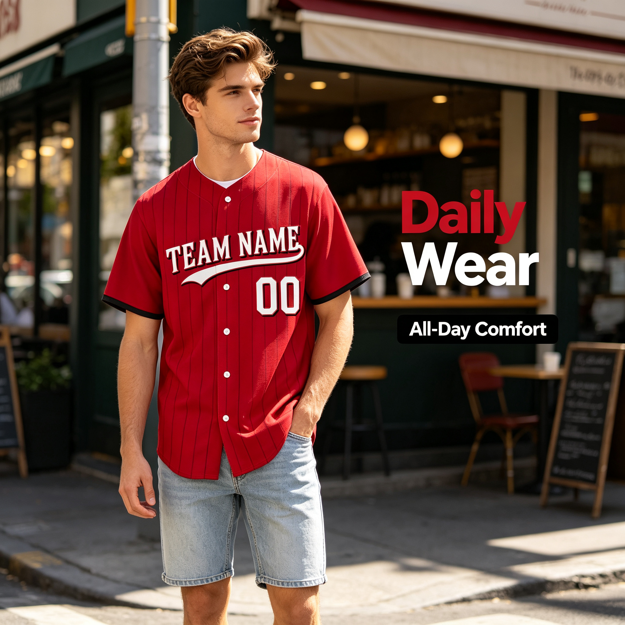 Custom Printed Cincinnati City Connect Style Baseball Jersey Crimson Red Black Trim Button Down Shirt for Men and Women