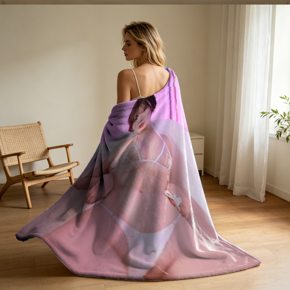 Nude Emma Watson in a library, hand on hip, looking back at camera. - Blanket