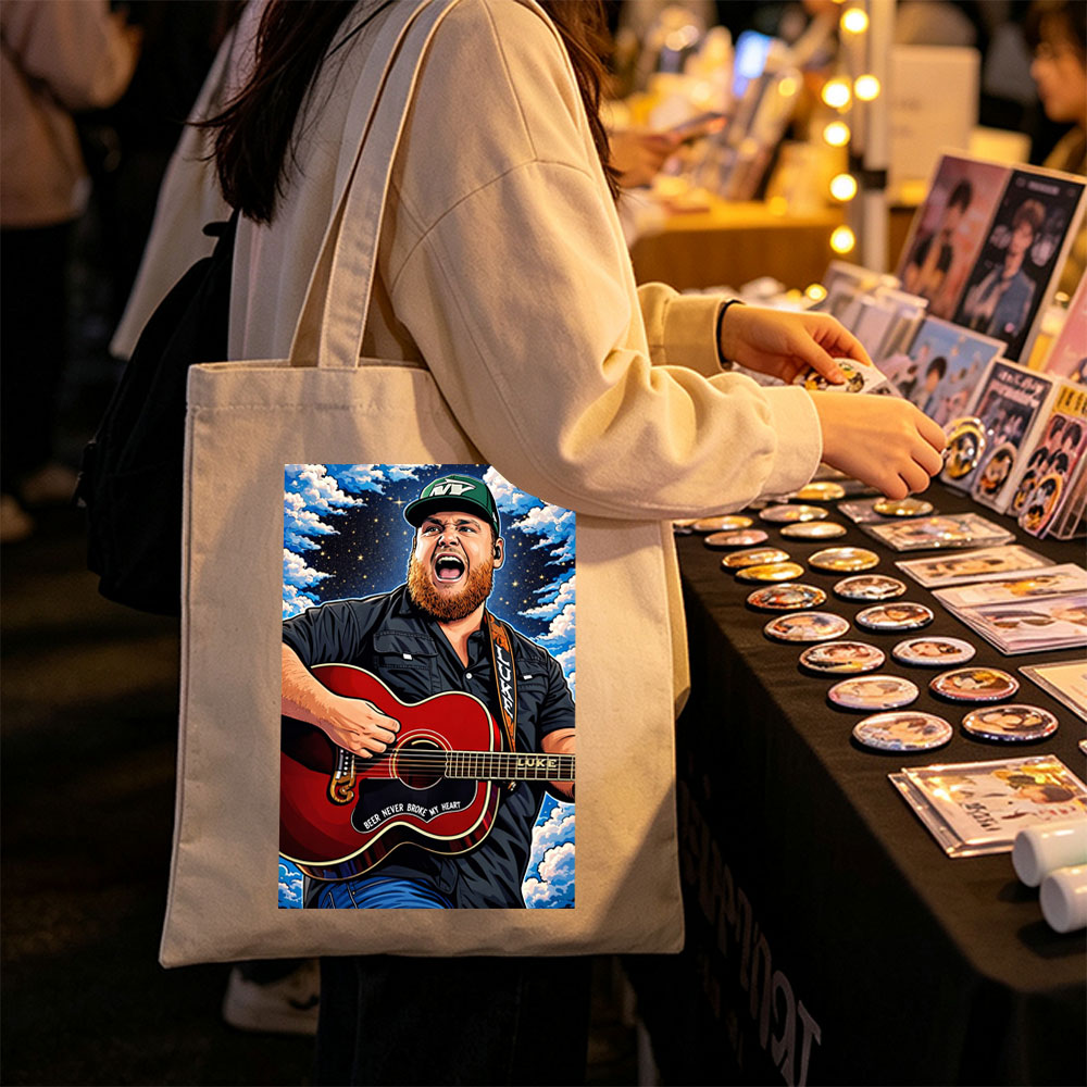 Luke Combs Singing with Acoustic Guitar Under Starry Sky - Canvas tote bags