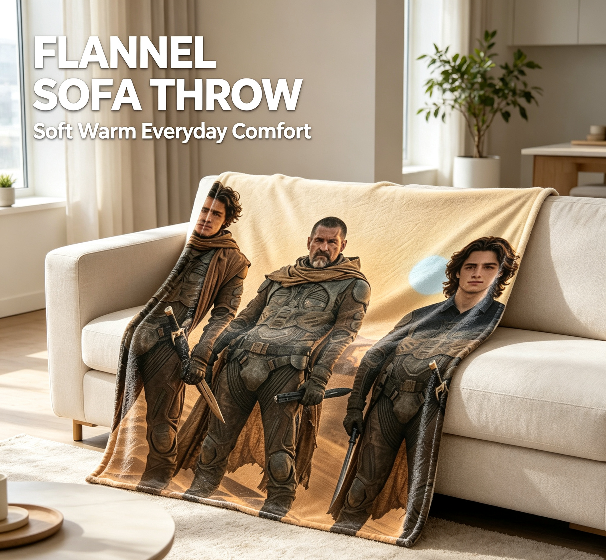 Custom Face Blanket Dune Movie Characters Flannel Blanket Desert Adventure Theme Cozy Bedding Gift for Fans and Collectors