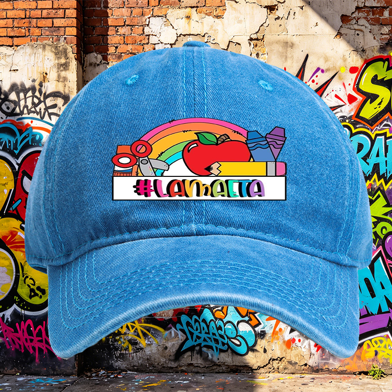 Unisex Classic Washed Cotton Hat with Rainbow Apple Art and #LAMMAETA Print - Perfect for School, Arts & Crafts, Teachers and Creative Adults