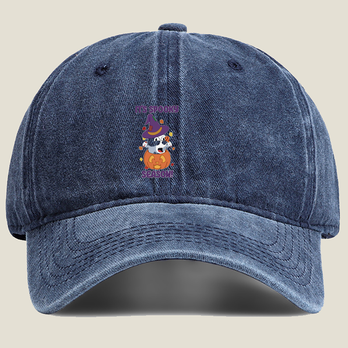 It's Spooky Season! - Dog in Witch Hat and Pumpkin - Washed Denim - Baseball Cap
