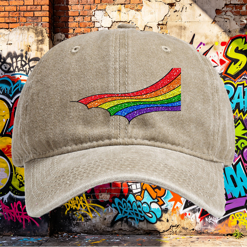 Unisex Classic Washed Cap with Rainbow Glitter Print + Unisex Classic Washed Cap for Outdoor Activities, Festivals, and Casual Wear + Suitable for Adults Who Love Colorful Fashion and Expressive Style
