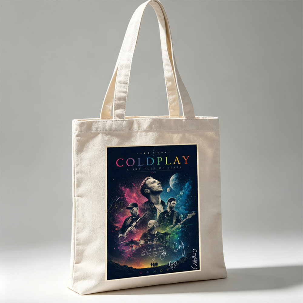 Coldplay Band in Cosmic Scene with Stars and Planets Background Poster - Canvas tote bags