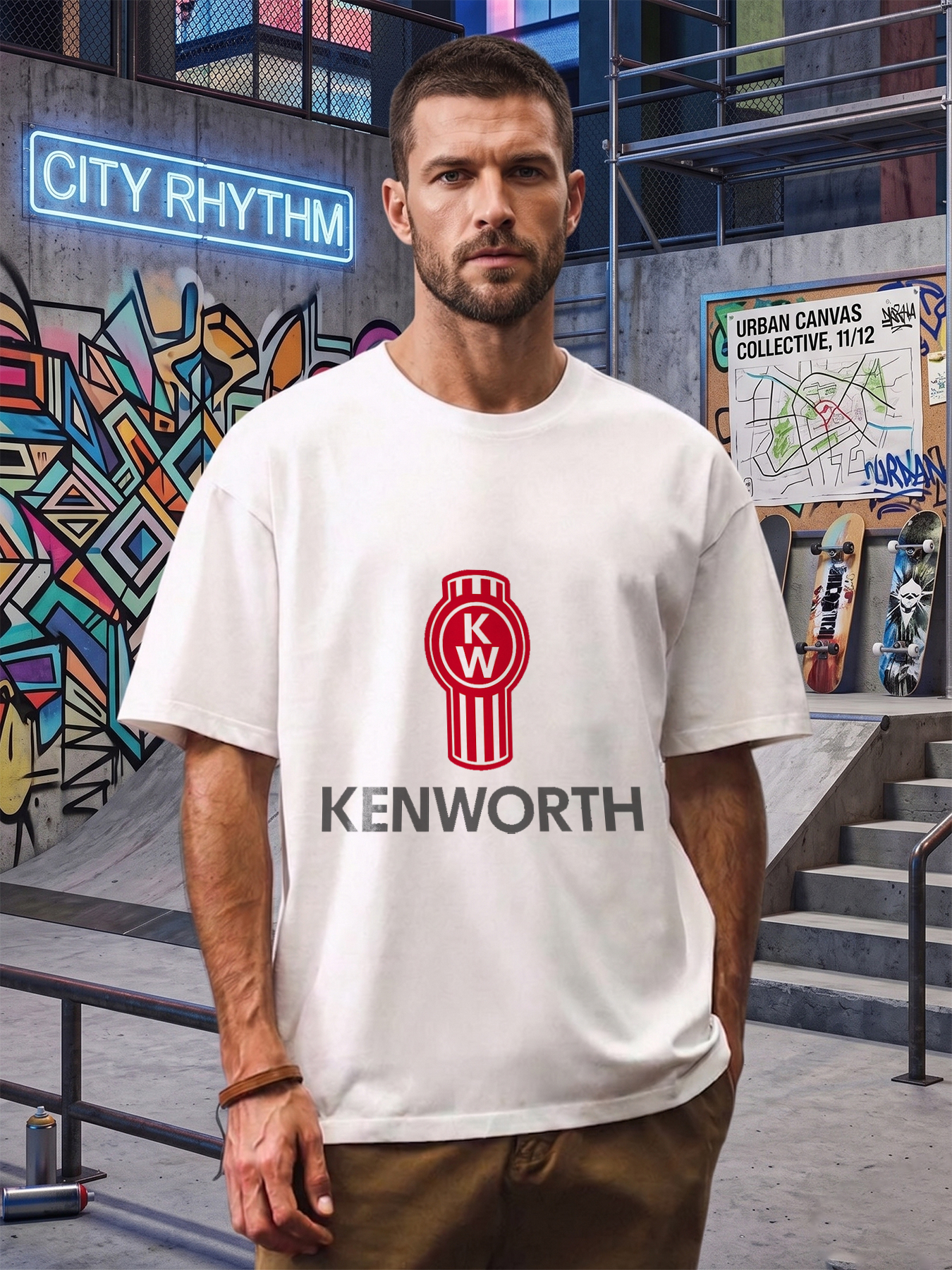 Men's Kenworth Logo Print T-Shirt Red White Graphic Design Casual Round Neck Lightweight Breathable Summer Short Sleeve Tee for Truck Drivers and Automotive Enthusiasts
