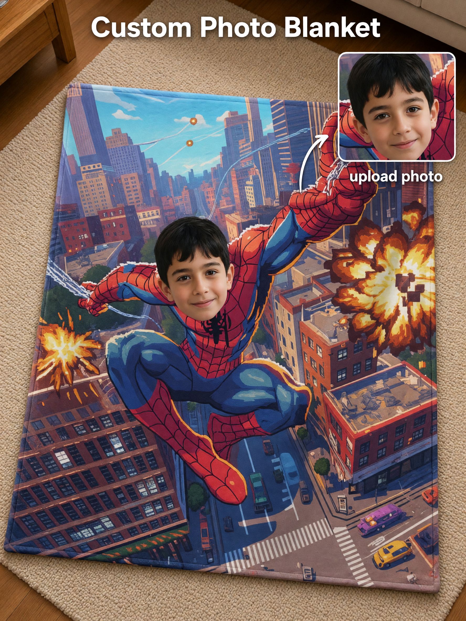 Custom Face Blanket Personalized Superhero Action Flannel Throw Soft Cozy Photo Blanket Ideal Birthday Gift for Kids