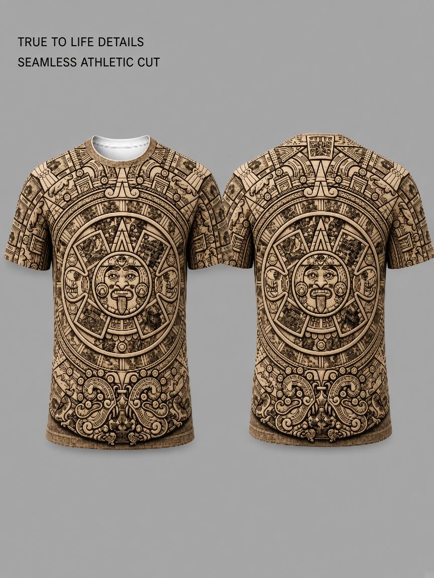 Aztec Sun Stone 3D Optical Illusion Graphic Tee, Breathable Athletic Mesh T-Shirt for Casual and Sports Wear
