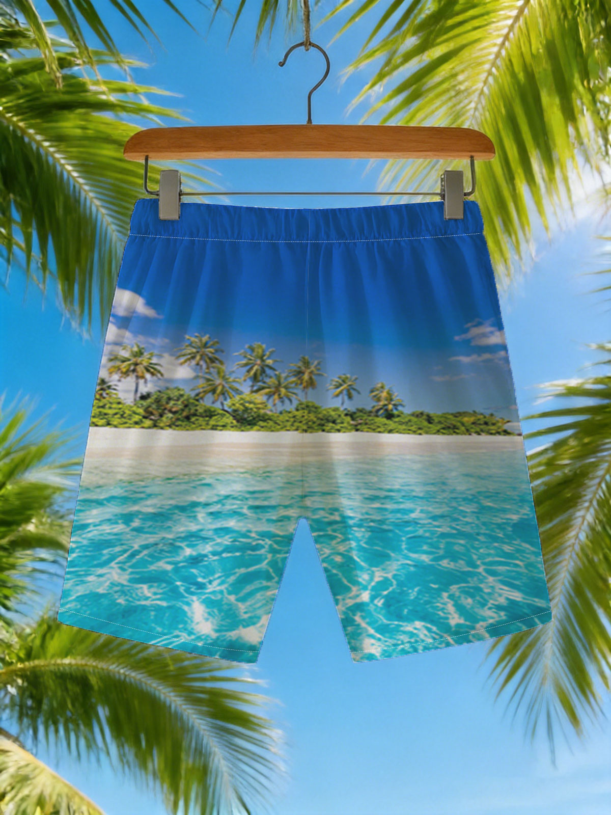 Crystal Clear Waters and Palm Trees on a Tropical Beach -  Beach shorts