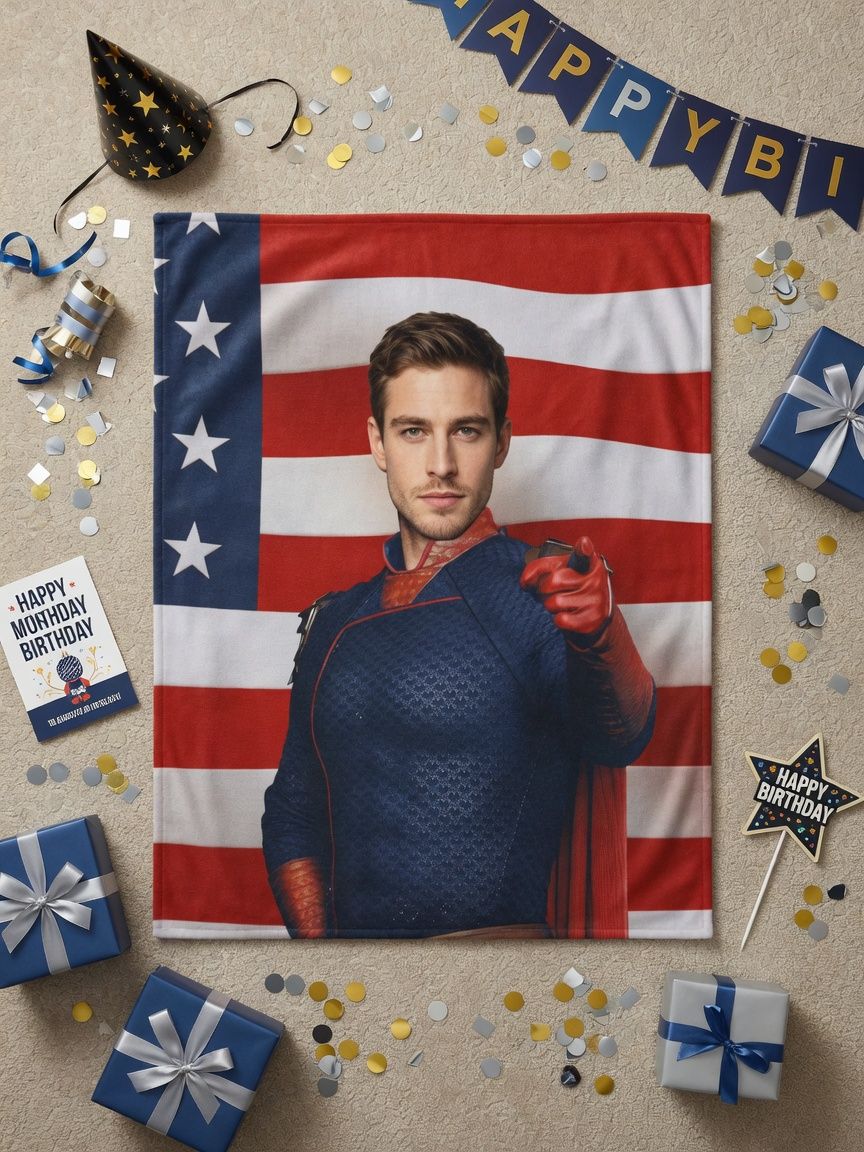 Custom Face Photo Flannel Blanket Personalized Superhero Patriotic Throw Skin-Friendly Warm Fleece Bed Couch Gift