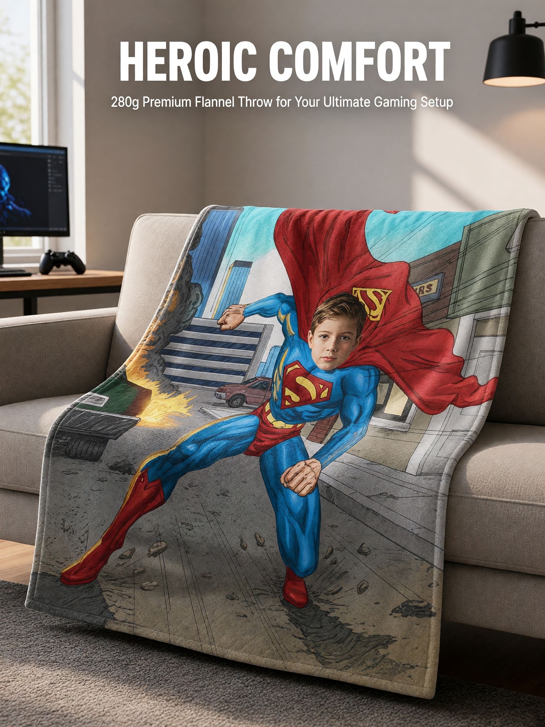 Custom Photo Face Superhero Fleece Throw Blanket Personalized Superhero Comic Gift Ultra Soft Anti Pilling Flannel Bed