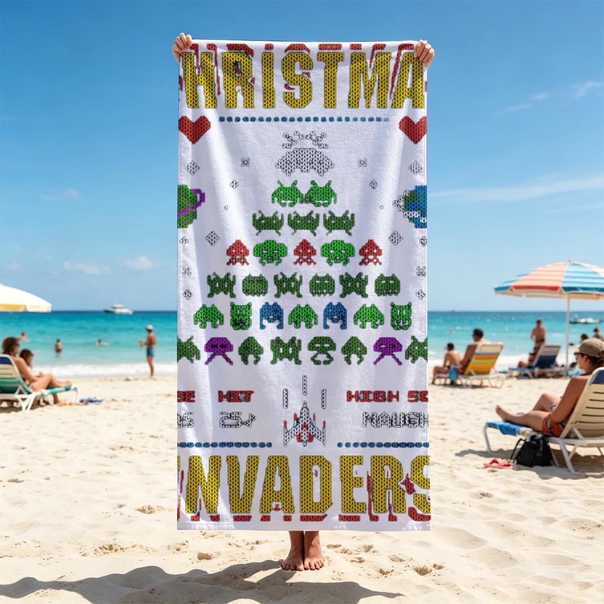 Christmas Invaders: Space Aliens, Santa, and Pixel Art Holiday Battle - Beach towels
