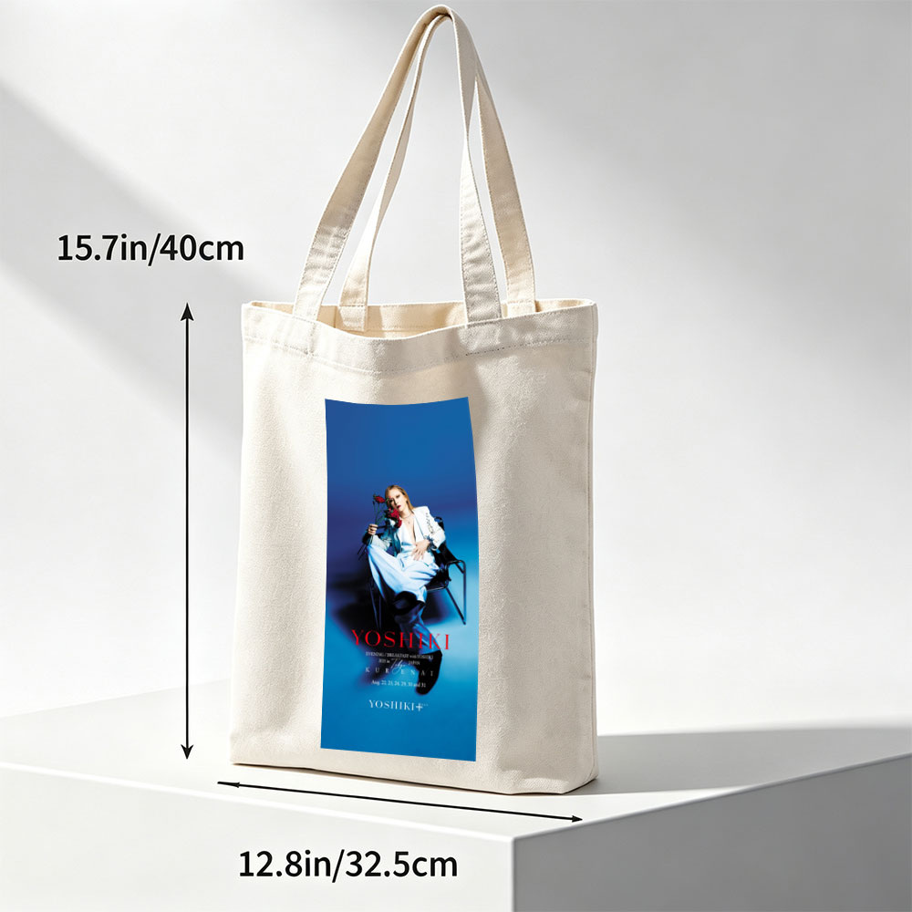 YOSHIKI Evening Breakfast with YOSHIKI 2025 in Tokyo Japan KURENAI Poster Featuring YOSHIKI Seated on Chair Holding Red Roses Against Blue Background - Canvas tote bags