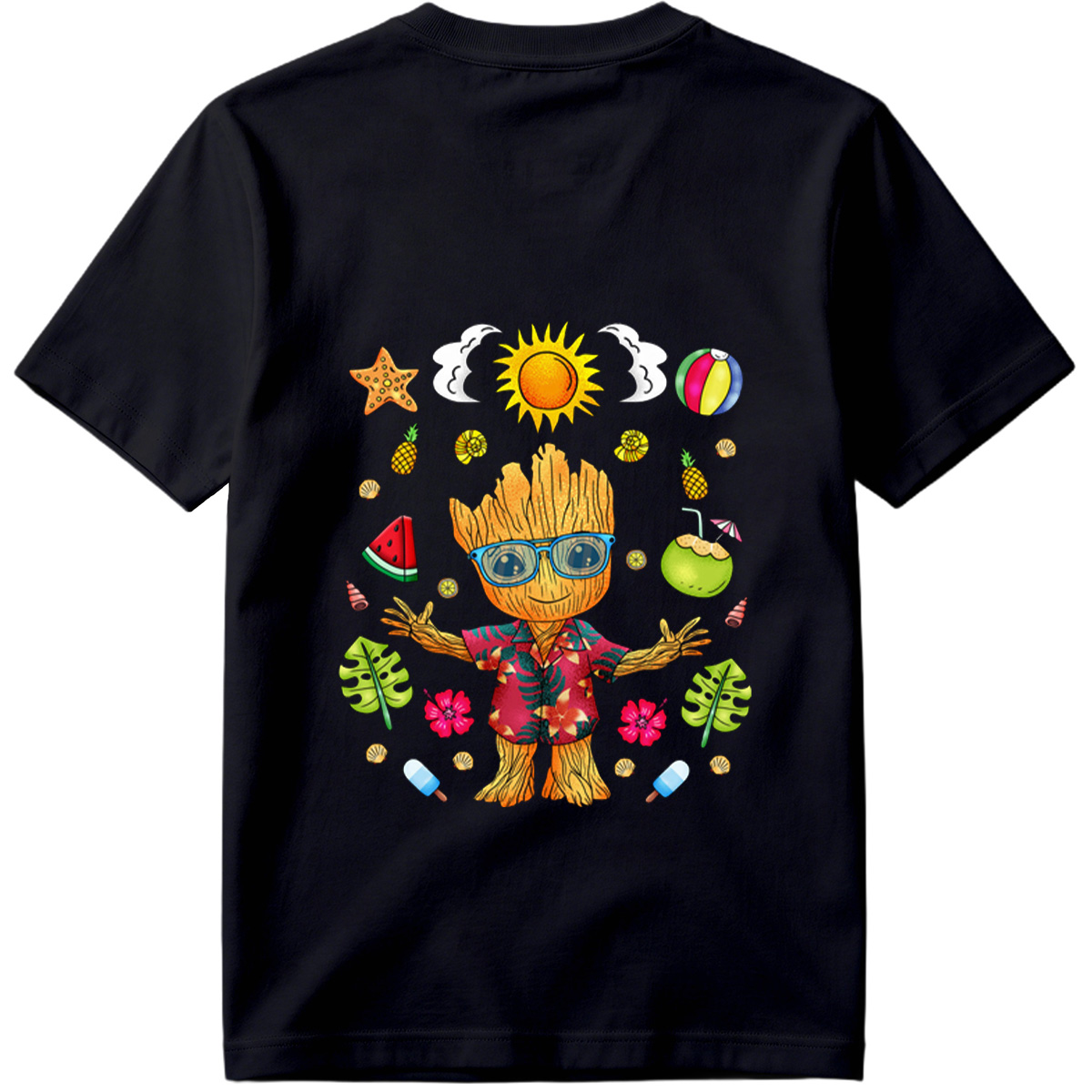 Groot in Hawaiian Shirt with Summer Elements - Tee