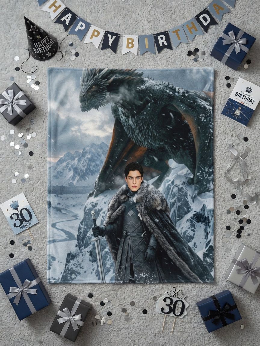Custom Photo Face Dragon Warrior Flannel Blanket Personalized Fantasy Fleece Throw for Bed Sofa and Cozy Home Decor
