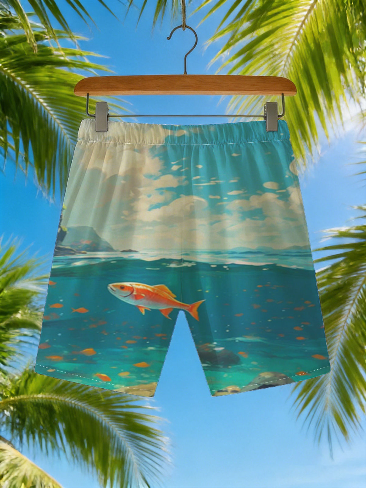 A vibrant orange fish swims gracefully in clear blue waters beneath a sunny sky. -  Beach shorts
