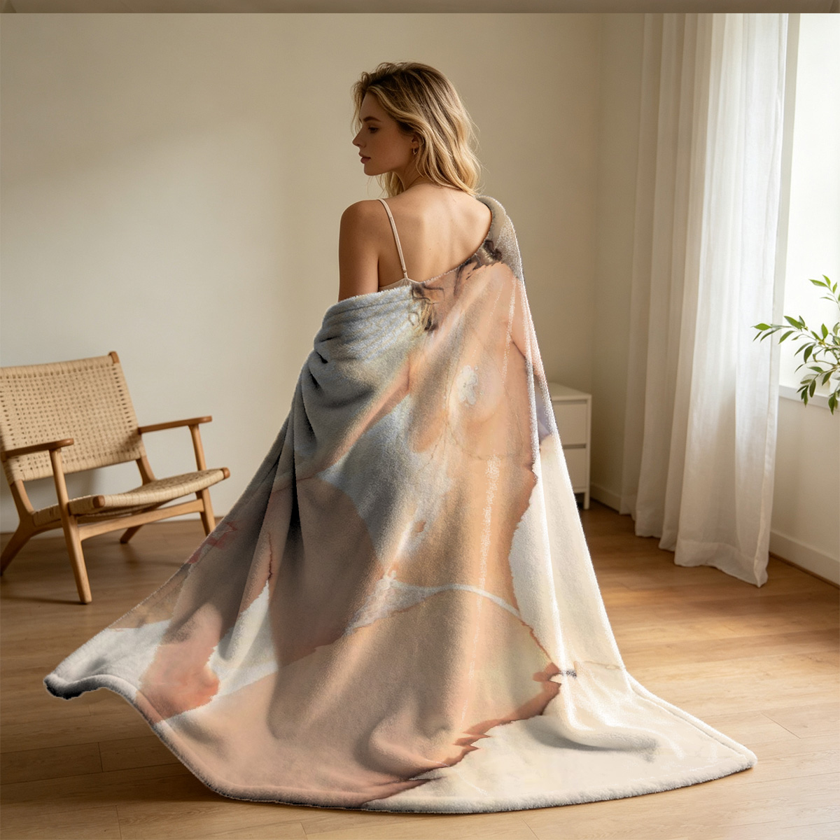 Young woman in black and gold lingerie sitting on bed by window - Blanket