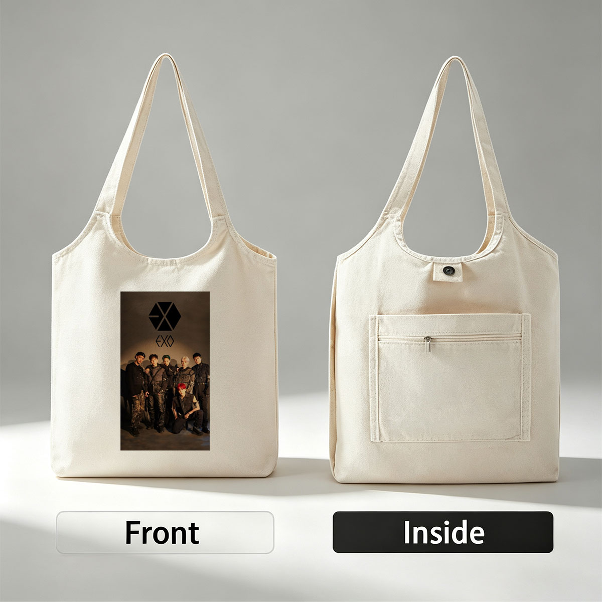 EXO Group Photo - Members in Edgy Black Outfits Posed Against Dark Background with Logo - Canvas shoulder bags/