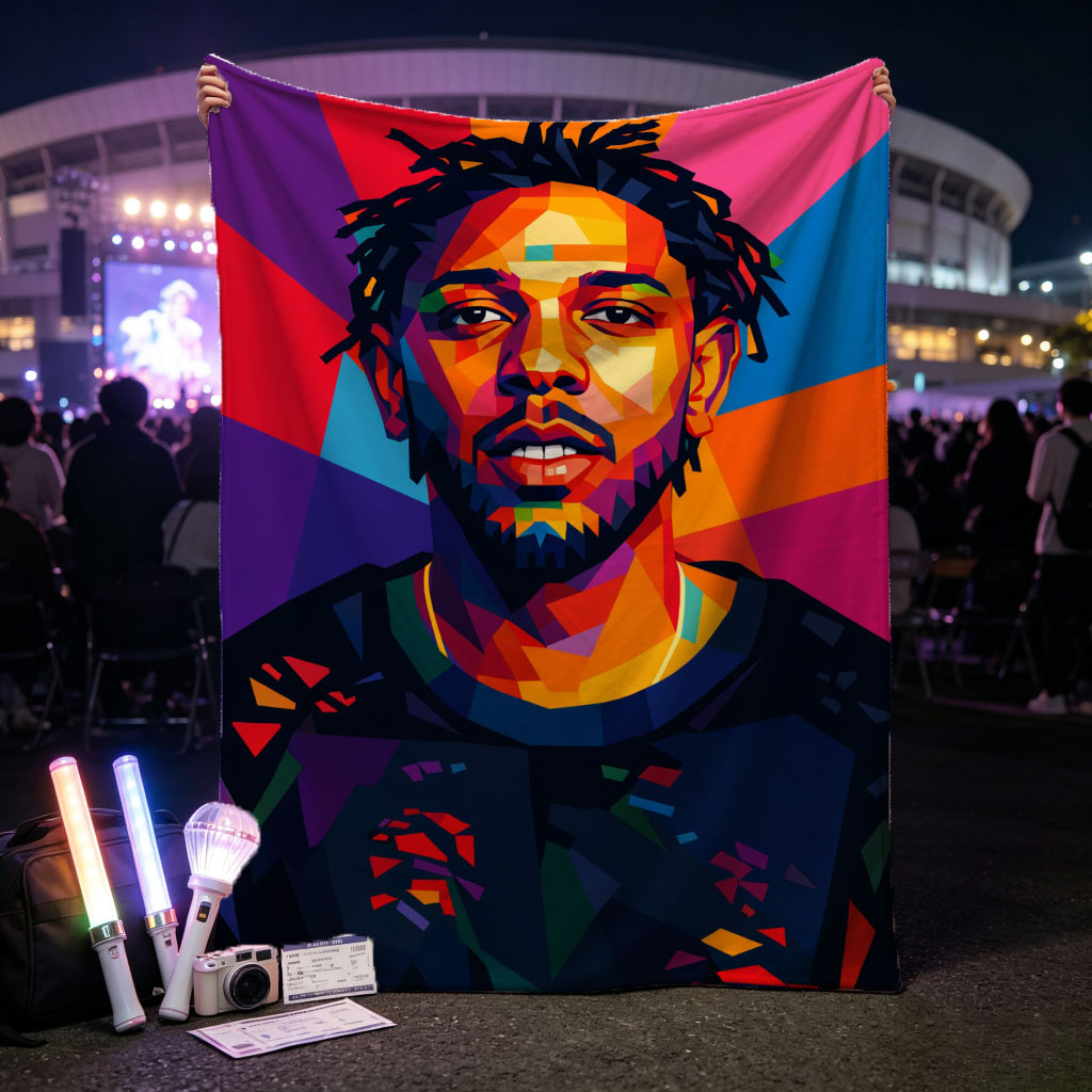 Kendrick Lamar Portrait in Vibrant Geometric Art Style with Colorful Radiant Background - Blankets