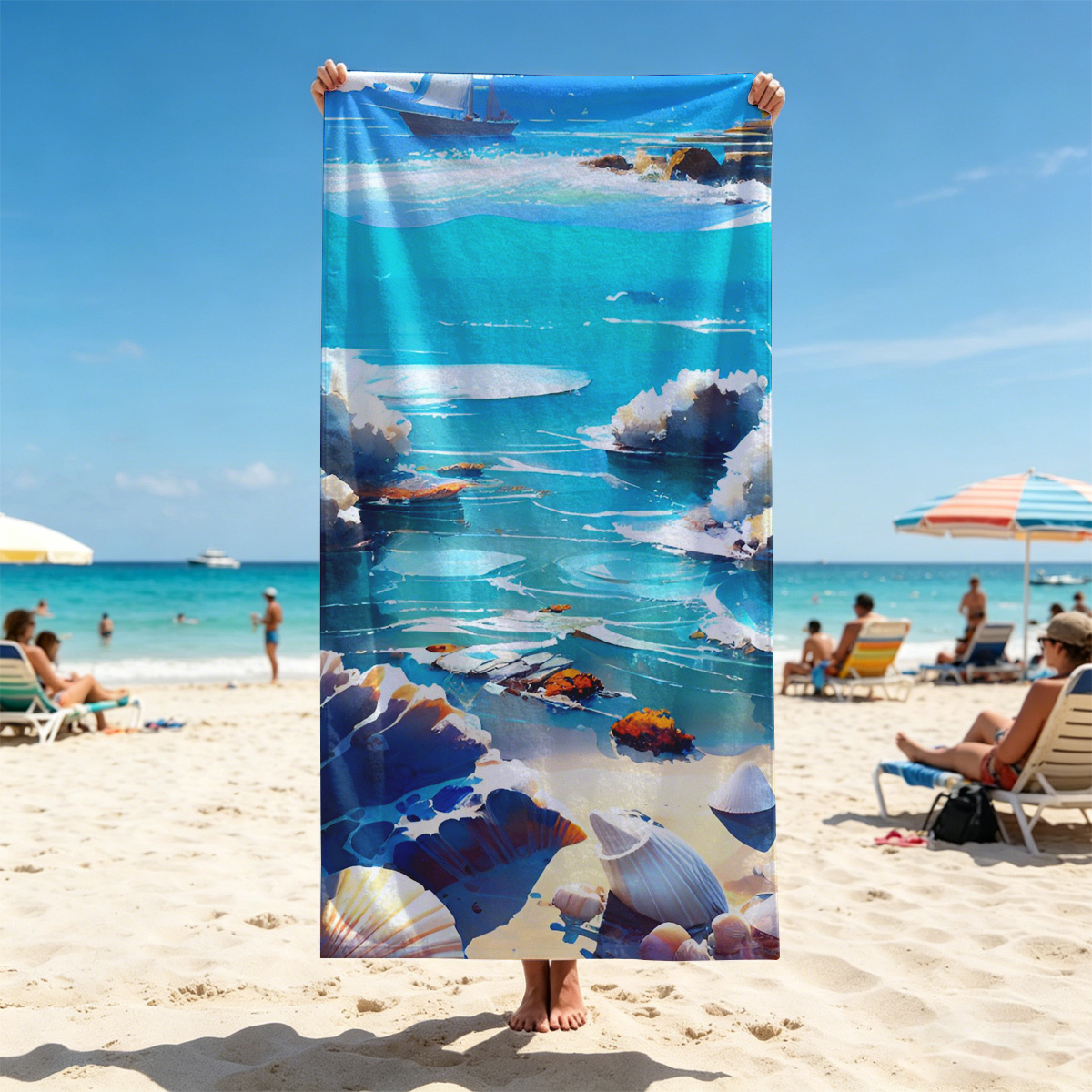 Crystal Clear Ocean with Shells and Sailboat - Beach towels