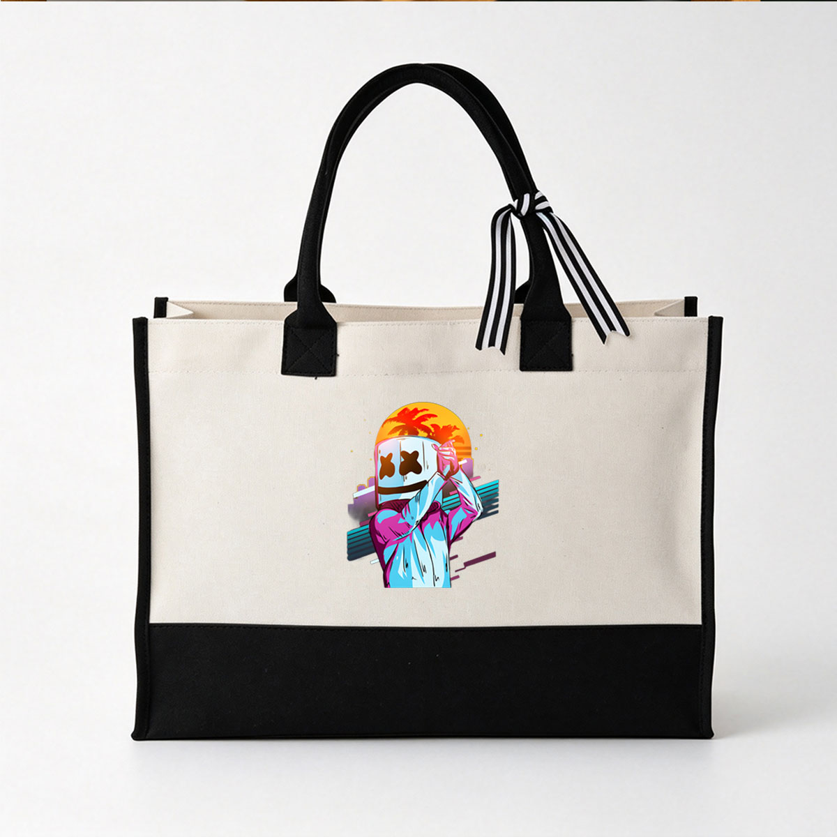 Marshmello in a vibrant neon cityscape, holding a phone with a sunset and palm trees in the background. - Canvas patchwork gift tote bag