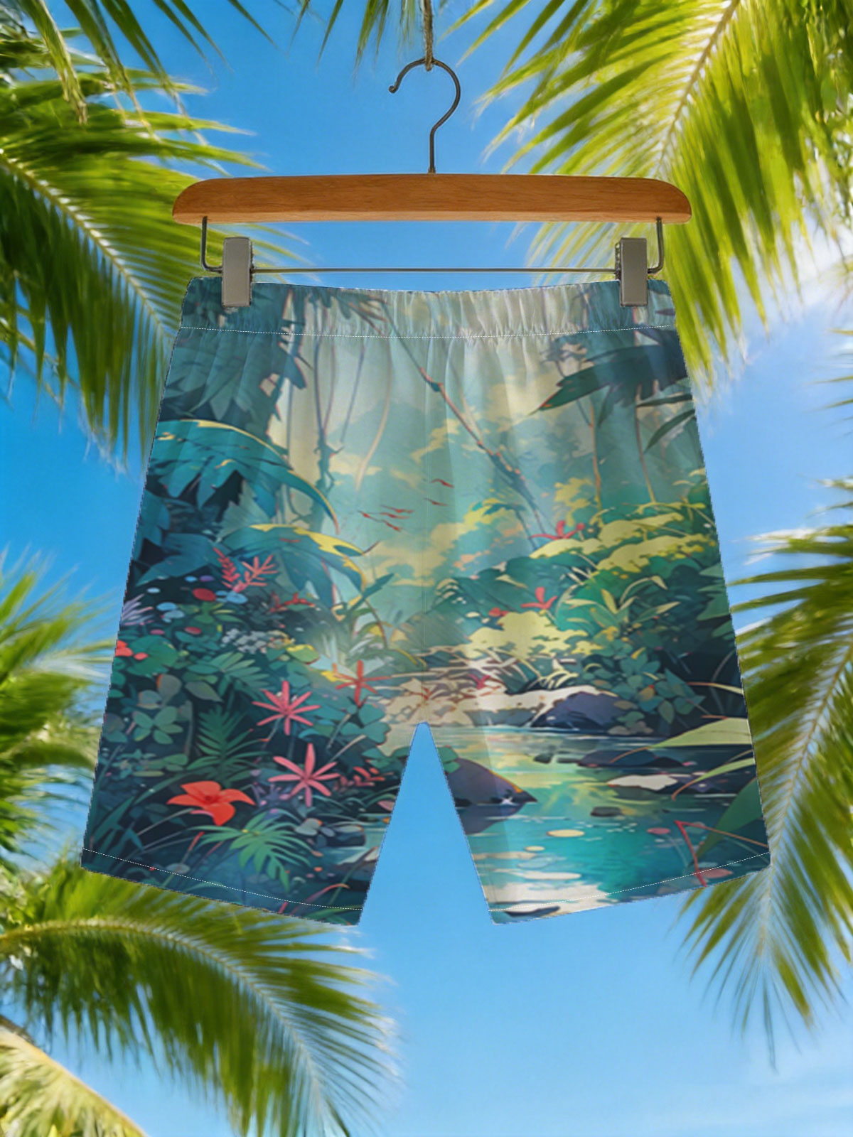 Lush Jungle Stream with Vibrant Flowers and Dappled Light -  Beach shorts