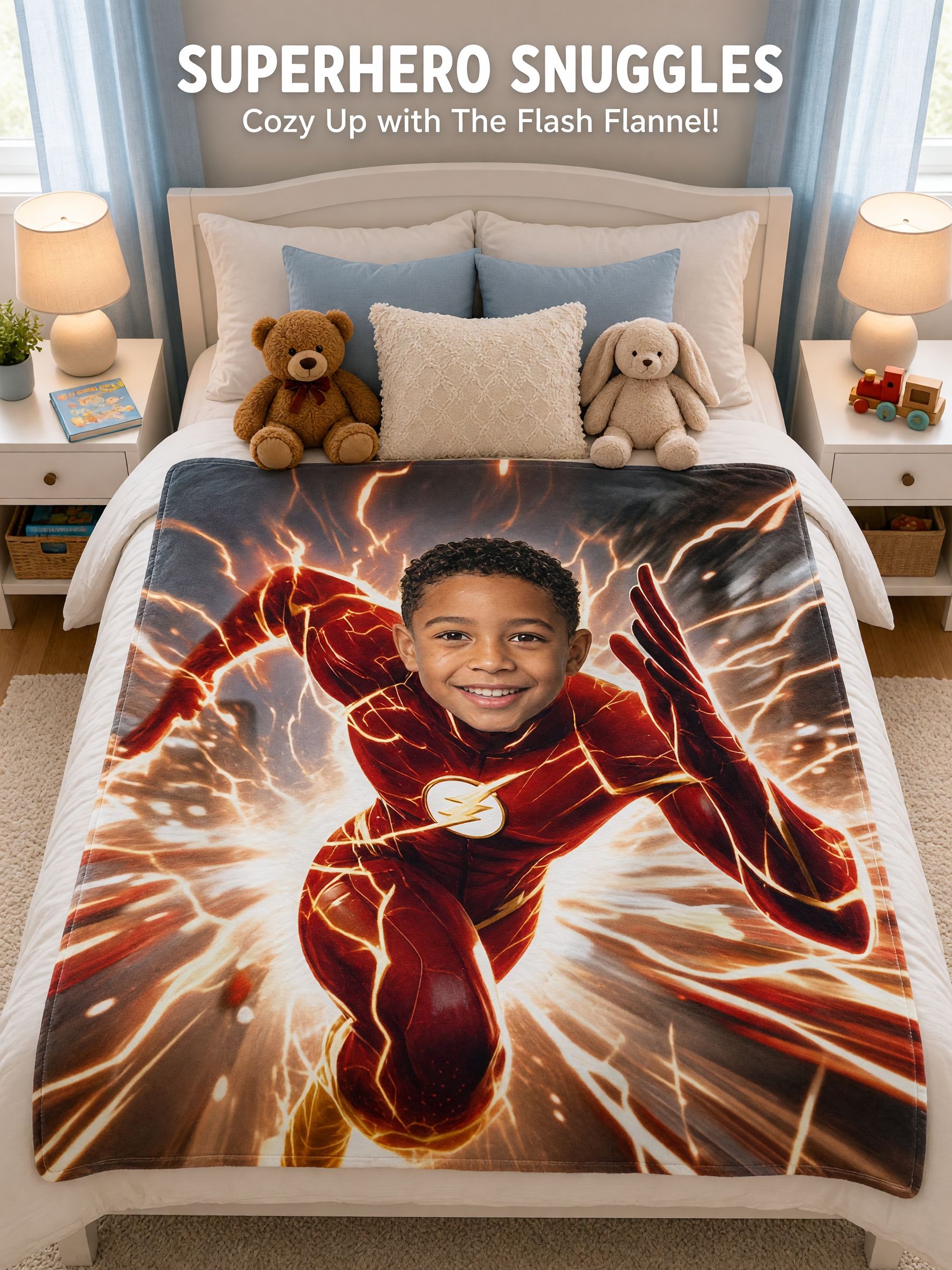 Personalized Photo Superhero Blanket Custom Face Soft Flannel Throw Lightweight Cozy Bedding for Kids and Adults