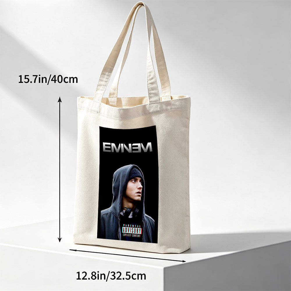 Eminem in Hoodie with Parental Advisory Label on Black Background - Canvas tote bags