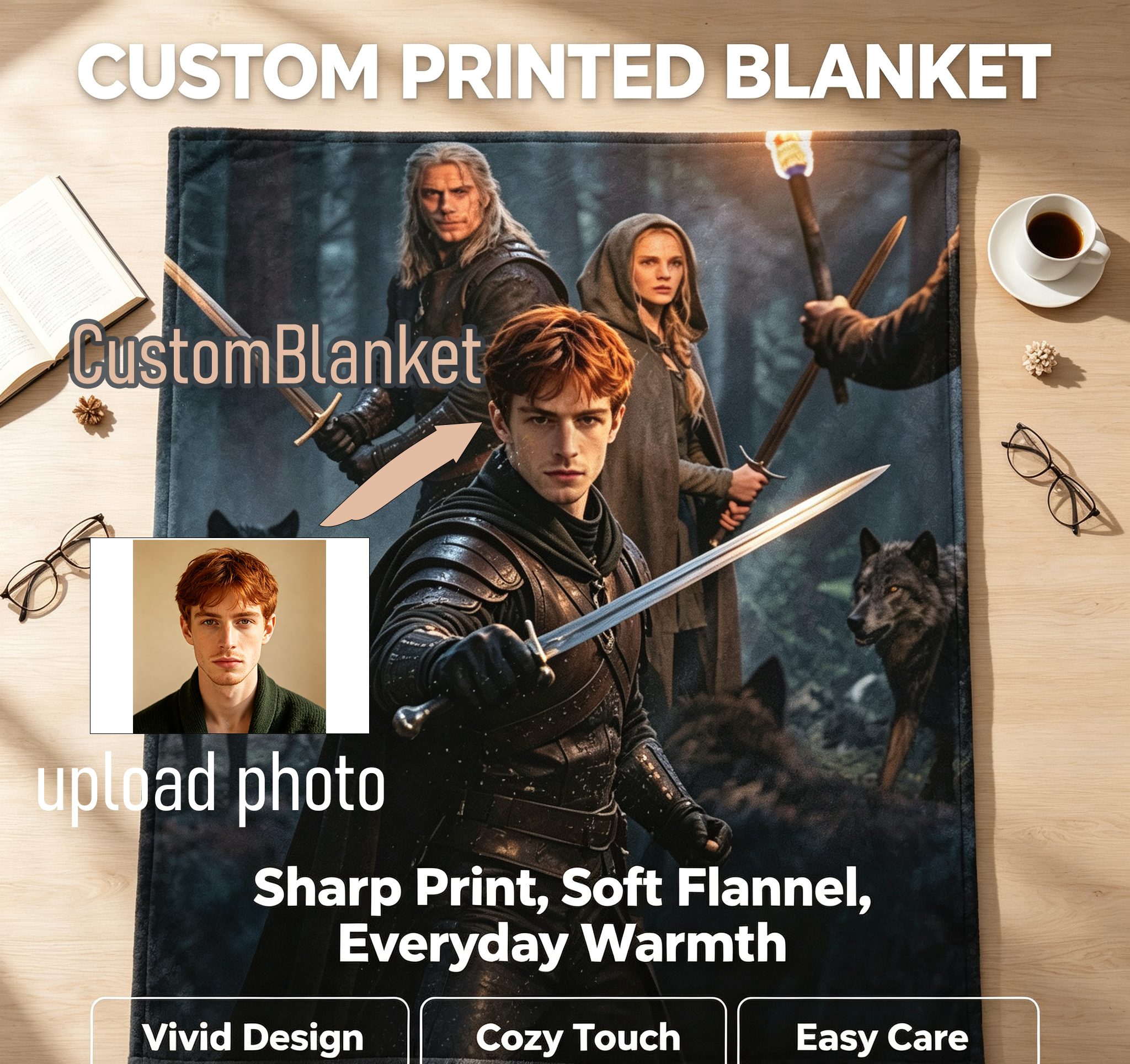 Custom Face Blanket Fantasy Warrior Forest Scene Flannel Blanket Perfect for Couch Reading or Camping Gift Idea