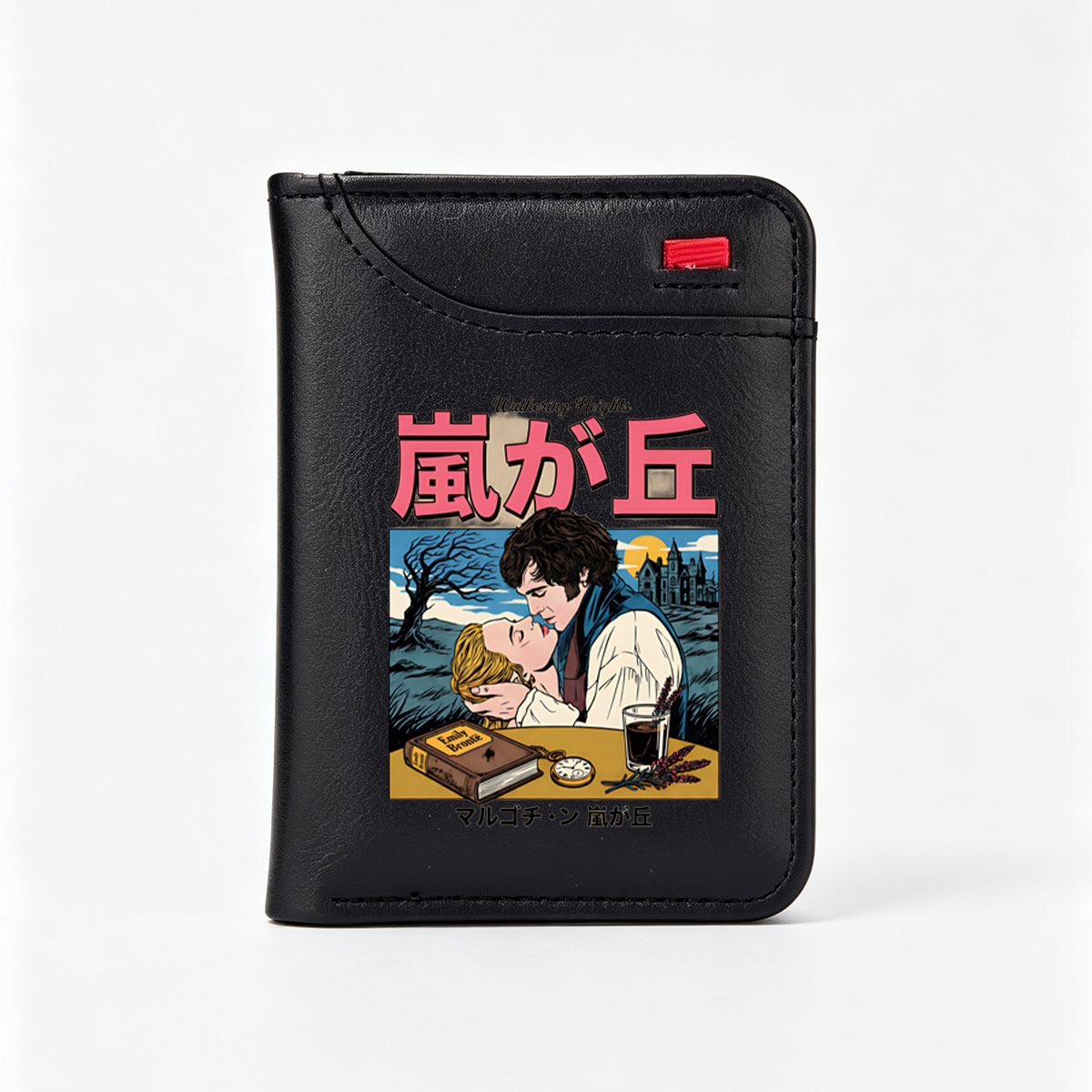 Wuthering Heights: Heathcliff and Catherine in Romantic Embrace, Emily Bront? Novel, Gothic Castle Background, Vintage Book and Watch on Table - Vertical Style Wallet