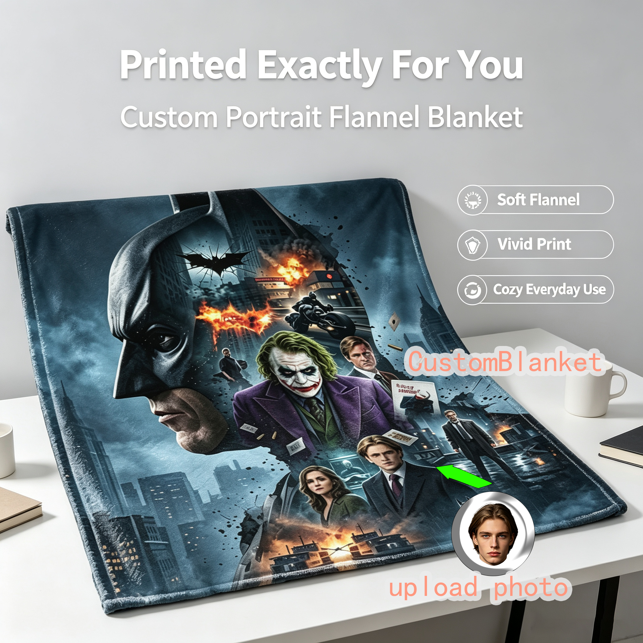 Custom Face Blanket Batman The Dark Knight Joker Flannel Blanket Movie Poster Design Cozy Bedding Gift for Fans and Collectors