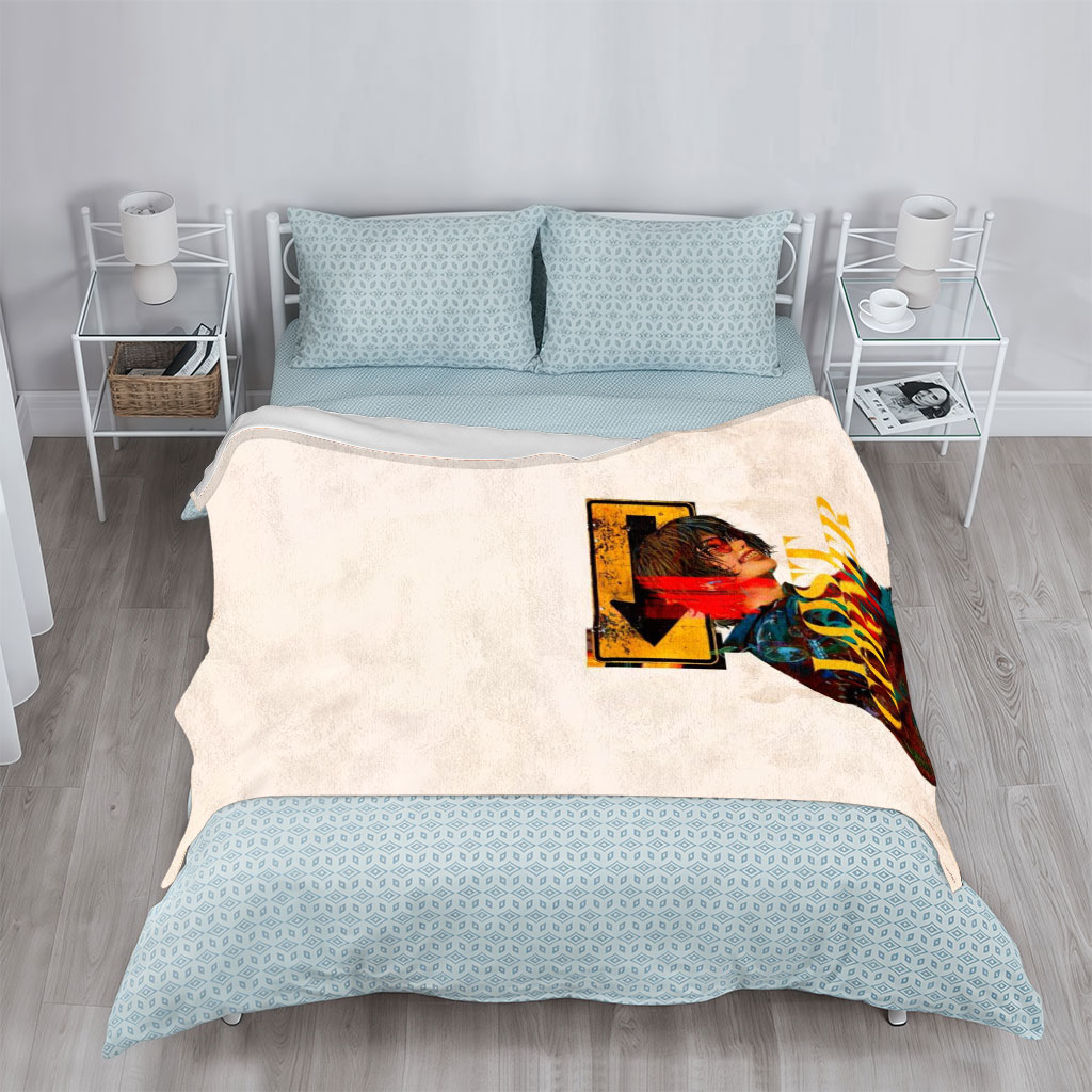 Lost Corner Artist in Colorful Jacket with Arrow Sign and Text Overlay - Blankets