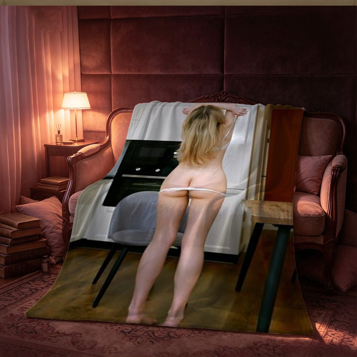 Nude Asian Woman with Flower in Hair Lounging in Hanging Chair - Blanket