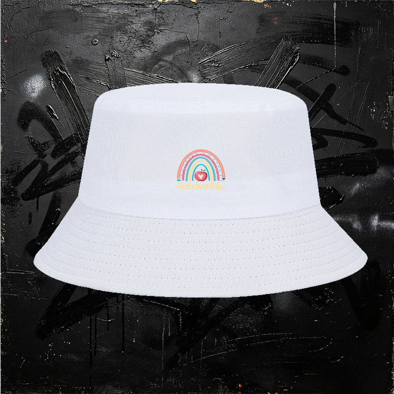 Unisex Bucket Hat with Rainbow Apple Print and #teacherlife Text – Classic Adjustable Sun Hat for Teachers, Outdoor Activities, and School Events – Perfect Gift for Educators and Teaching Professionals