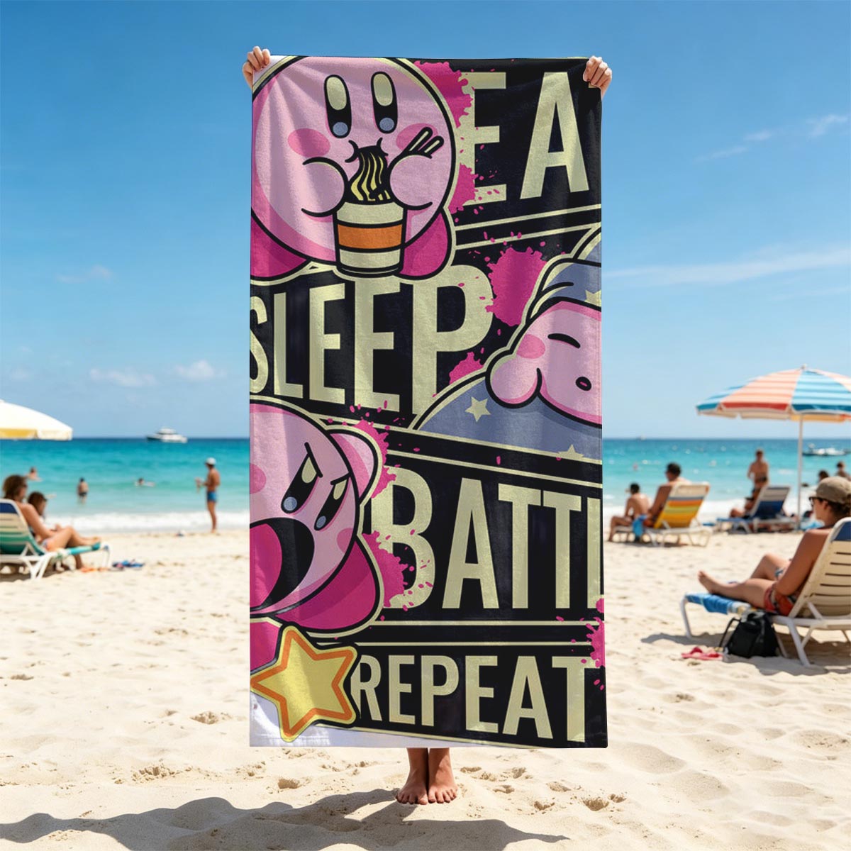 Kirby Eat Sleep Battle Repeat - Pink Star Warrior Adventure - Beach towels