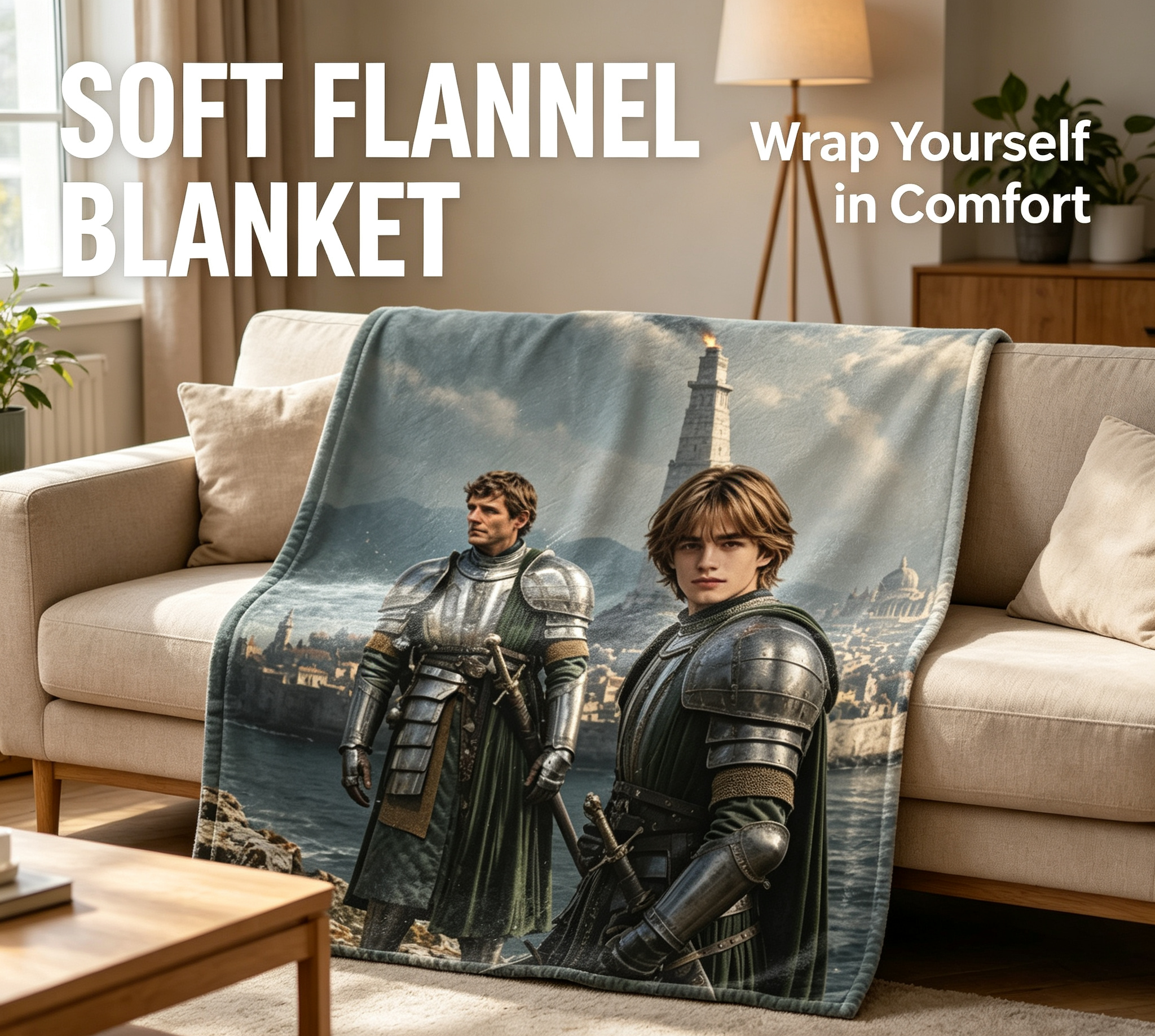 Custom Face Blanket Featuring Knights in Armor Standing on Cliffs with Medieval Cityscape Background Flannel Blanket Perfect for Couch or Bed Use Ideal Gift for Fantasy Lovers and Game of Thrones Fans