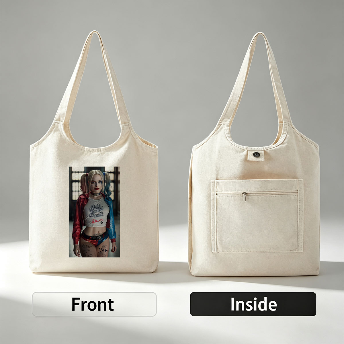 Margot Robbie as Harley Quinn in Suicide Squad - Iconic Costume and Bold Makeup Portrait - Canvas shoulder bags/