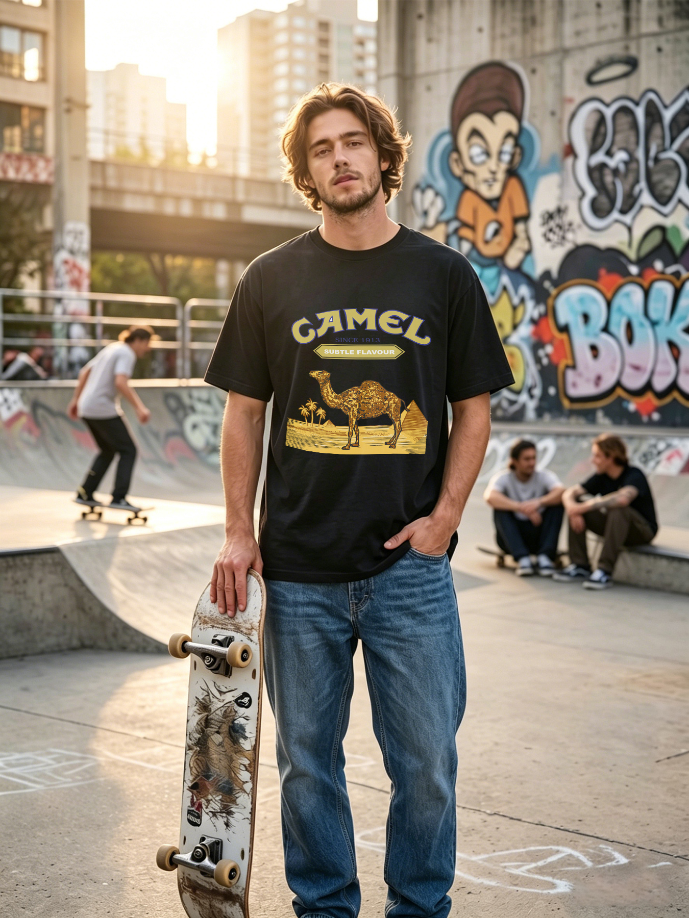 Men's Camel Print T-Shirt with Desert Scene and 