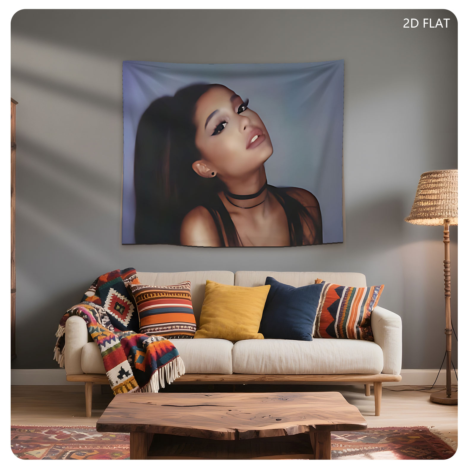 Ariana Grande in a dramatic pose with bold makeup and a black choker, set against a soft gradient background. - Tapestry