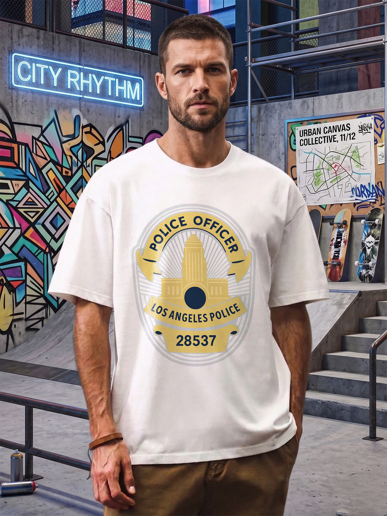Men's Police Officer Badge Print T-Shirt Los Angeles Police 28537 Graphic Crewneck Summer Lightweight Breathable Casual Short Sleeve Tee for Law Enforcement Enthusiasts and Fans of Classic Americana Design