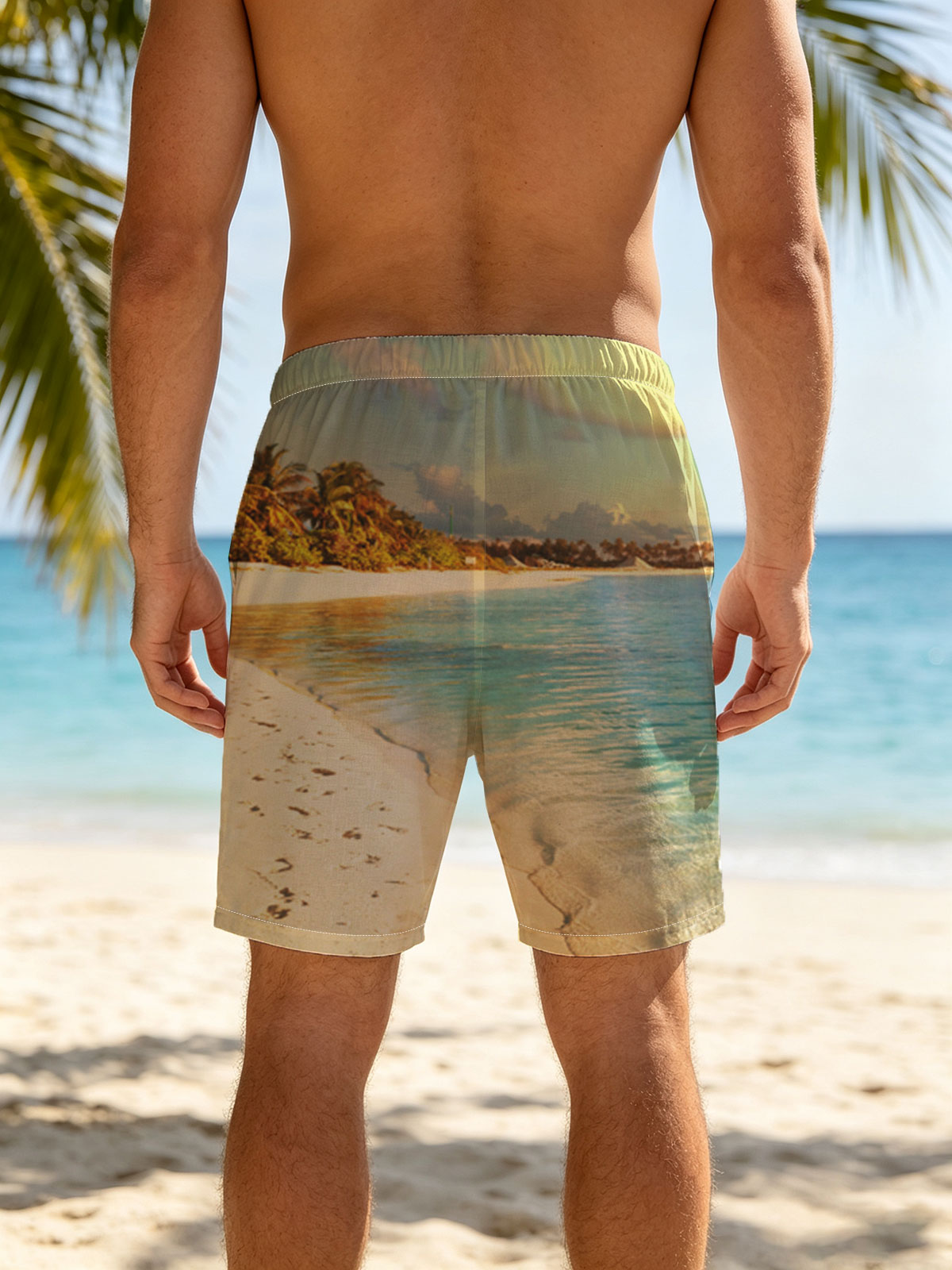 Tropical Beach with Clear Water and Palm Trees -  Beach shorts