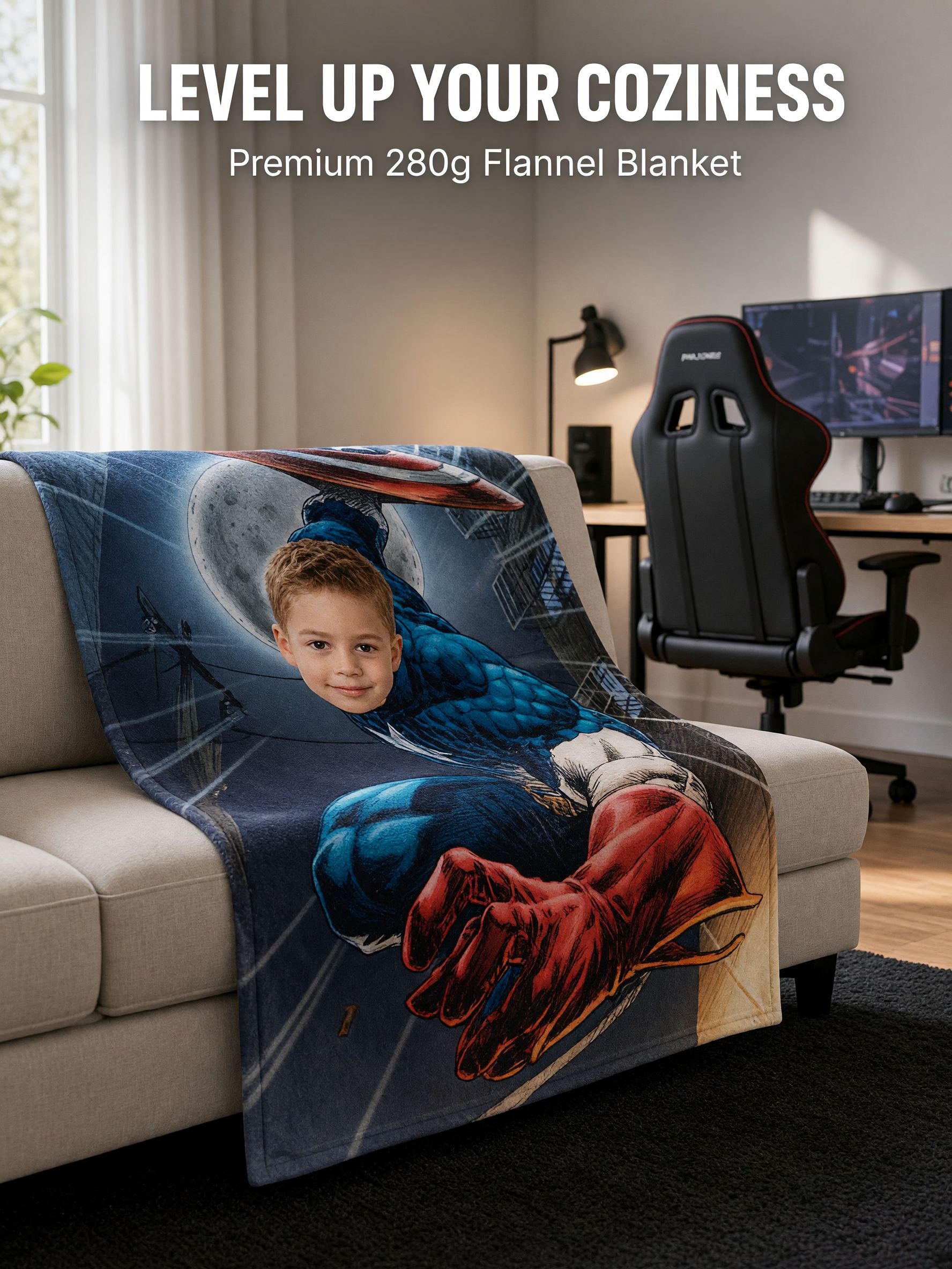 Custom Face Superhero Flannel Blanket, Personalized Comic Hero Plush Throw, Cozy Bed and Couch Gift for Kids